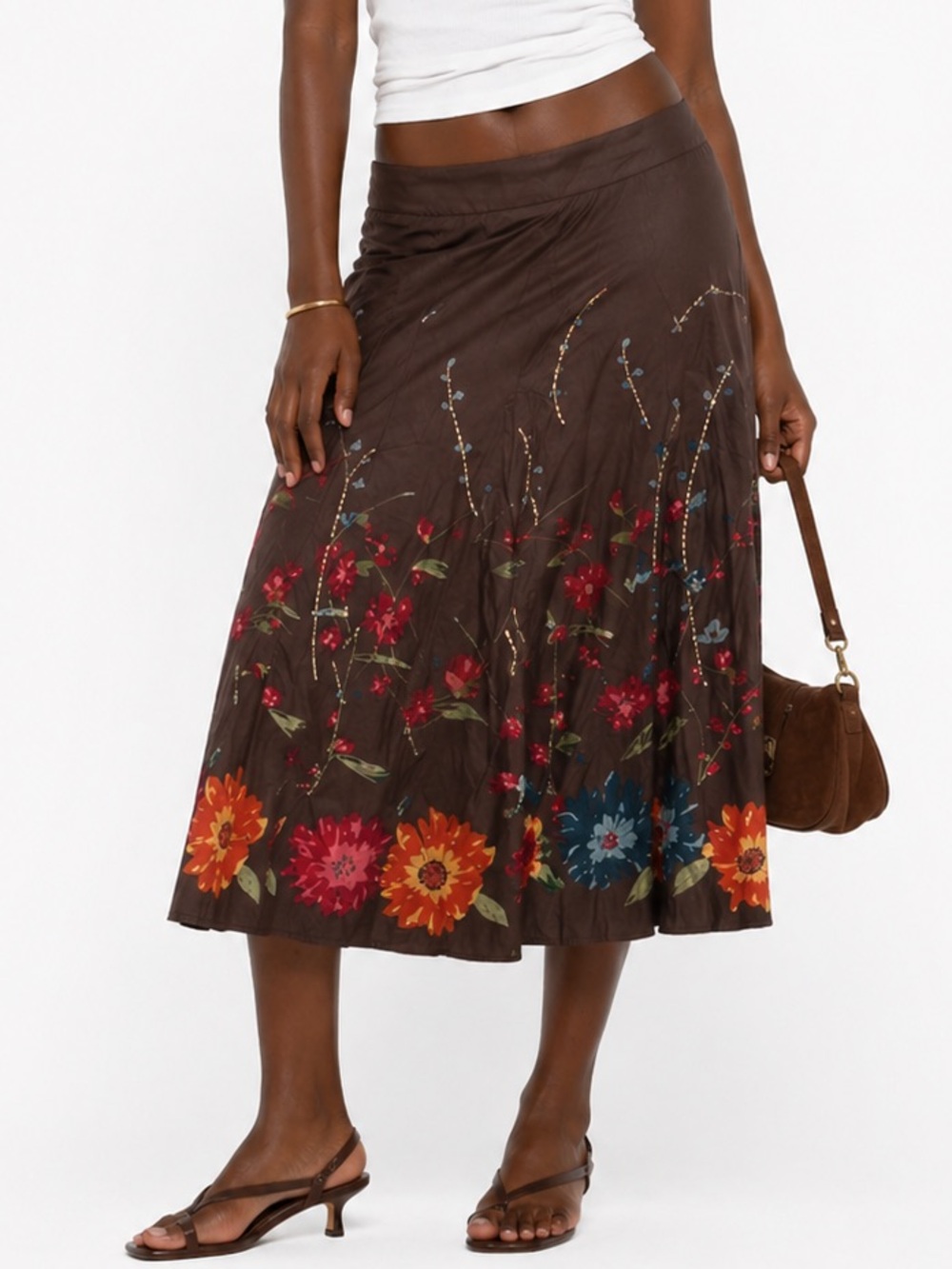 Per Una Brown Floral Sequin Beaded Midi A-Line Skirt Size 12R Boho Cotton Blend